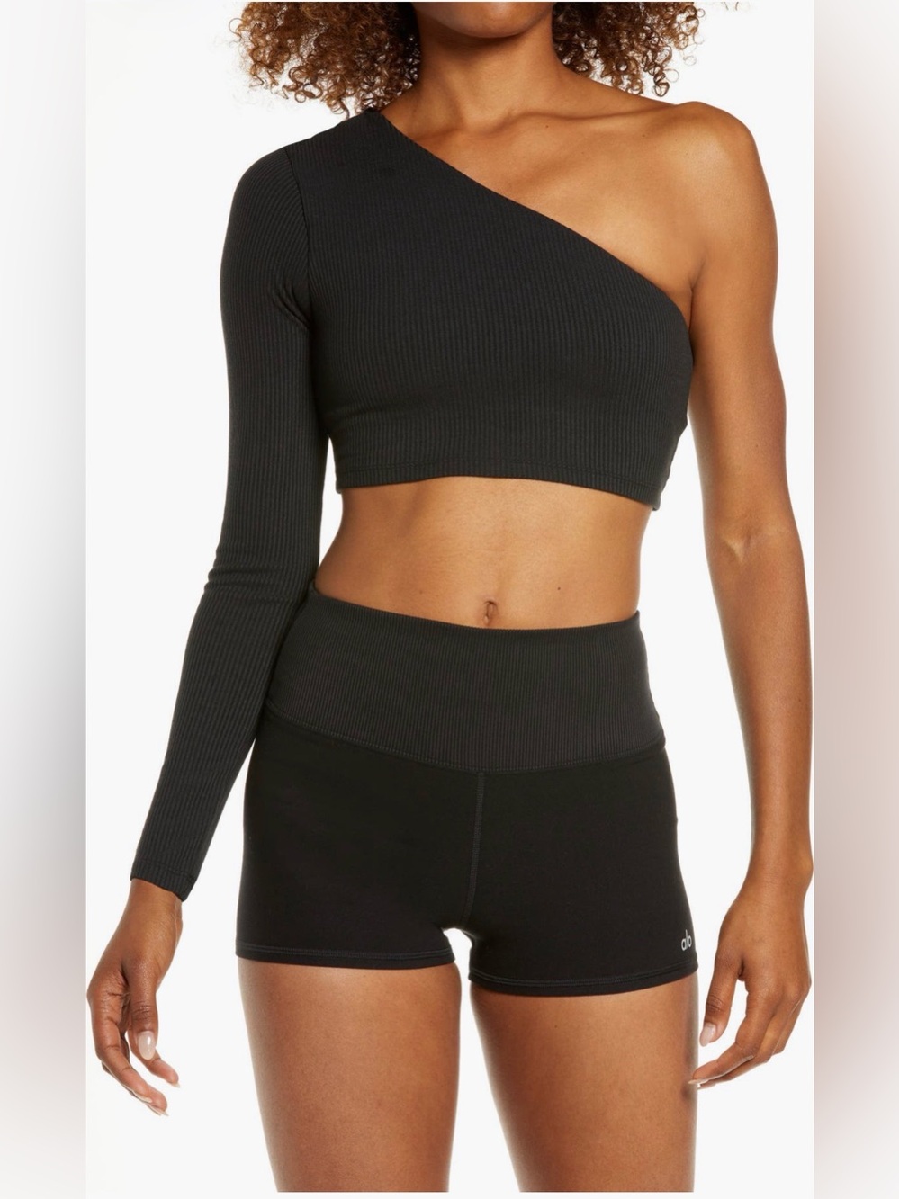Alo Yoga Women’s Ribbed Long Sleeve One Shoulder Crop Top - Black